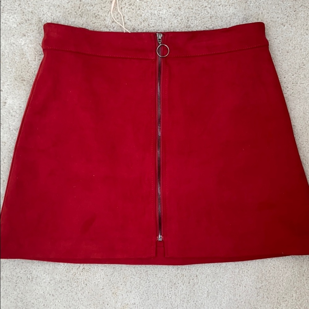 Red suede zip up skirt